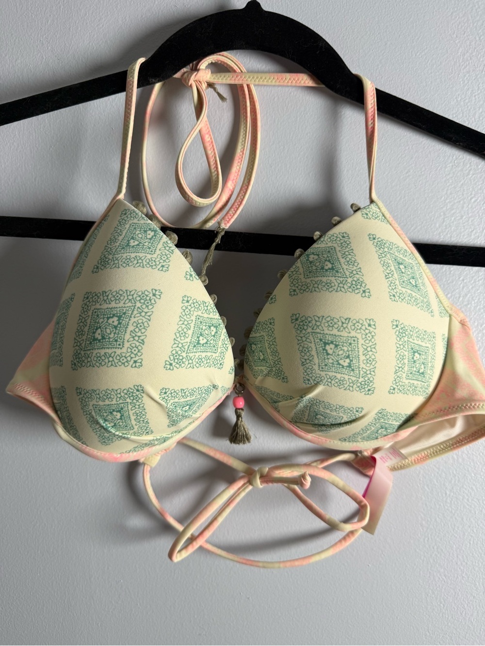 Victoria’s Secret Push Up Halter Bikini Top 34C Tassel Pom Pom Padded Swim